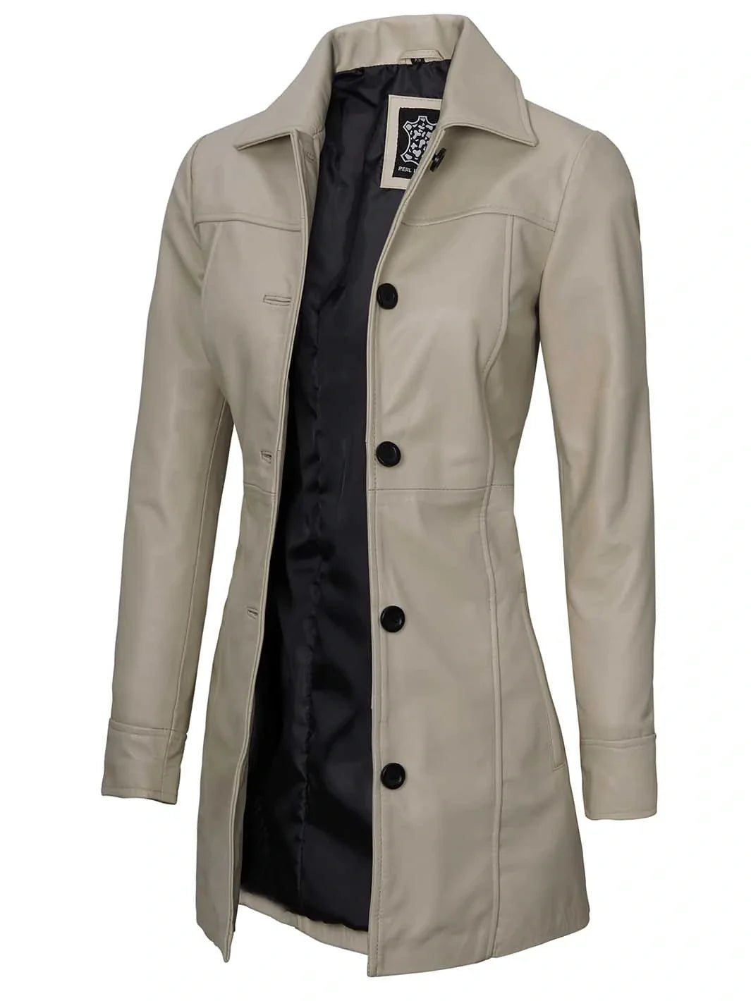 Manteau de voiture en cuir véritable beige pour femme