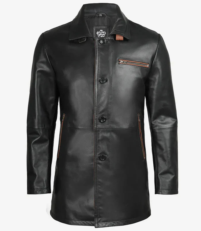 Manteau en cuir véritable noir pour homme Glen