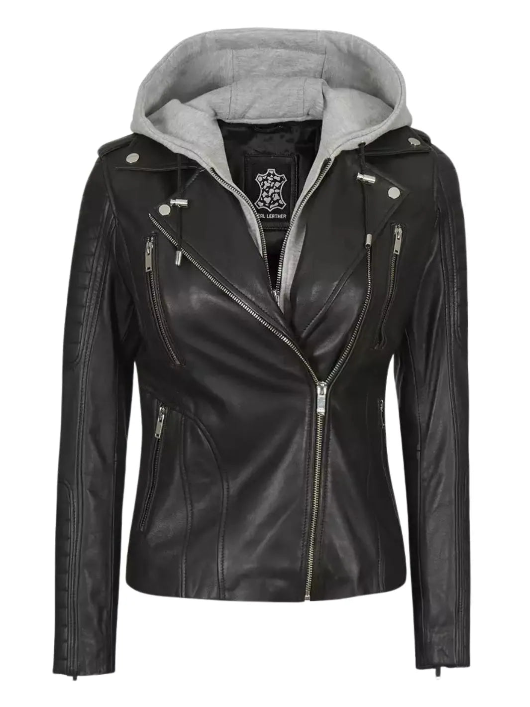 Blouson motard en cuir noir à capuche amovible pour femme