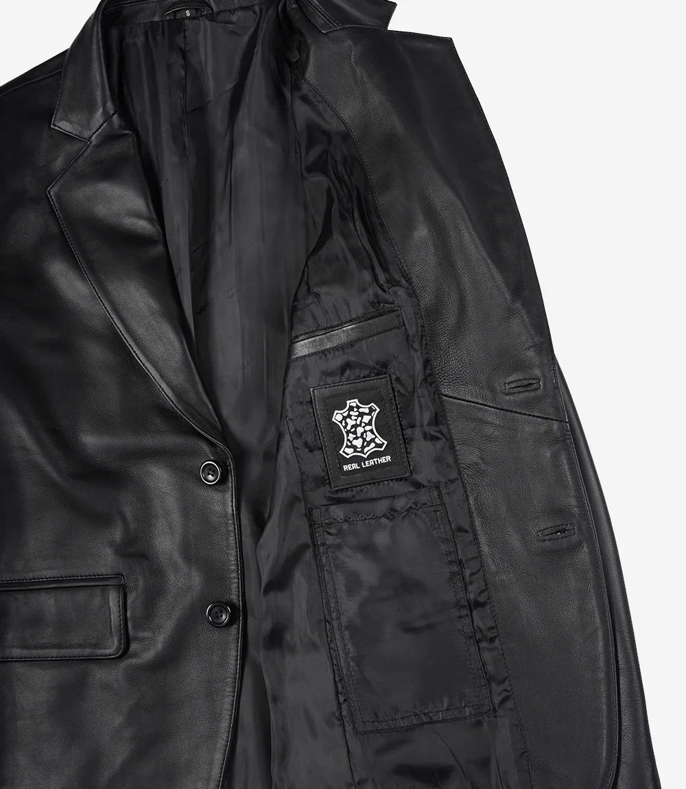 Blazer en cuir noir à deux boutons hommes
