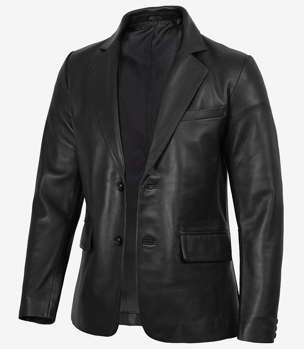 Blazer en cuir noir à deux boutons pour hommes