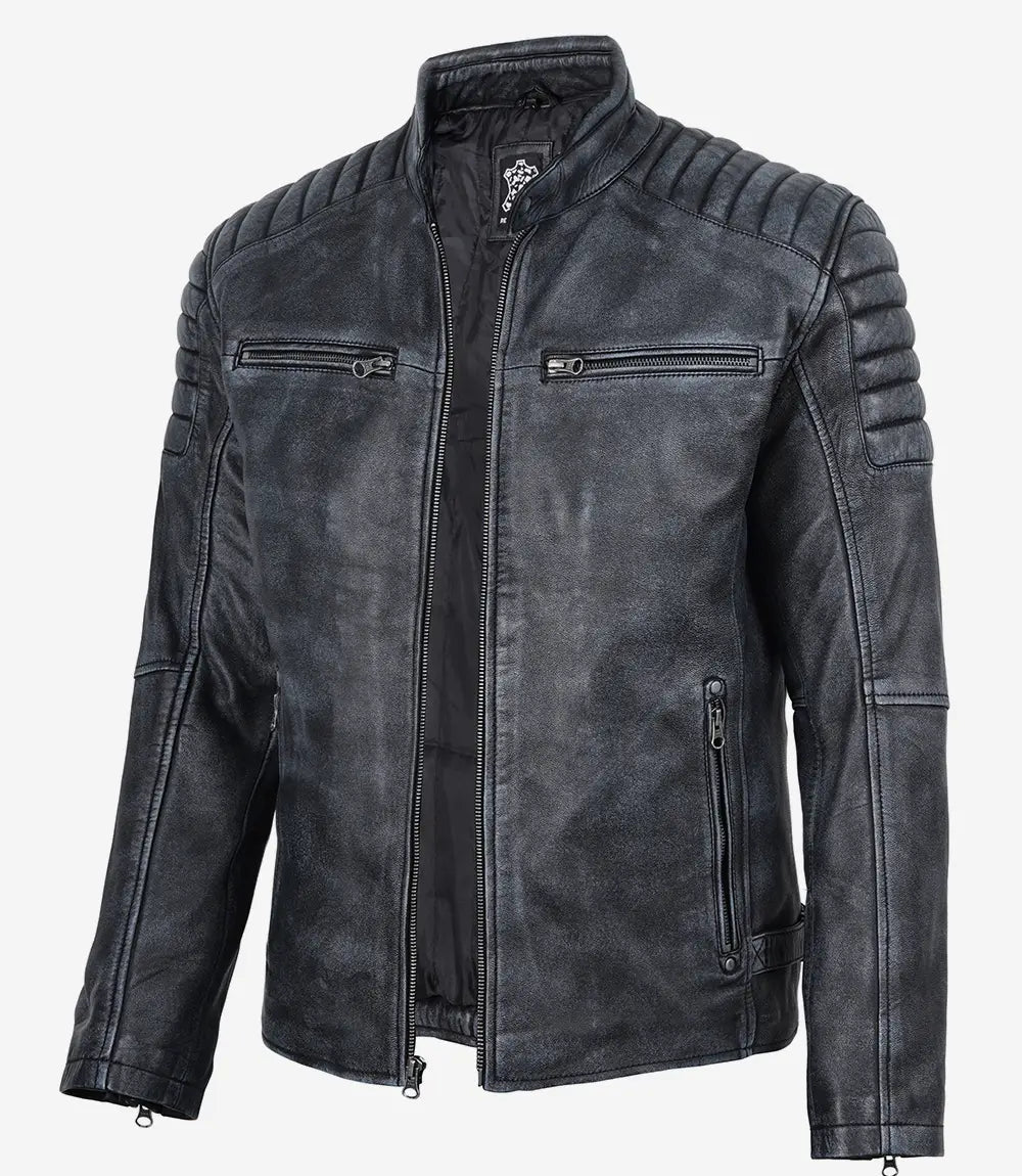 Blouson Pour Homme en Cuir D'agneau Noir Délavé Aspect Vieilli