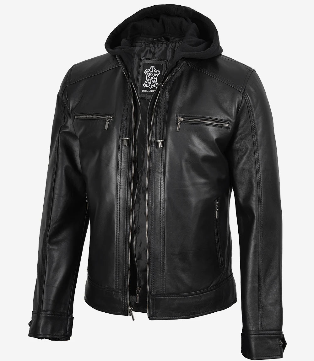 Blouson Café Racer à Capuche En Cuir Noir Pour Homme
