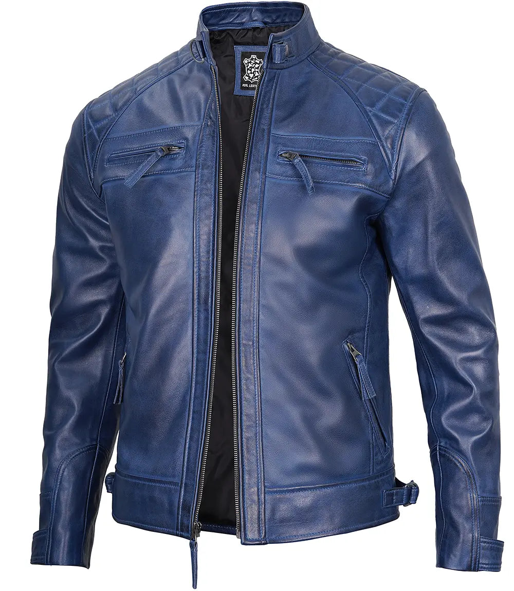 Blouson en cuir café racer bleu pour homme