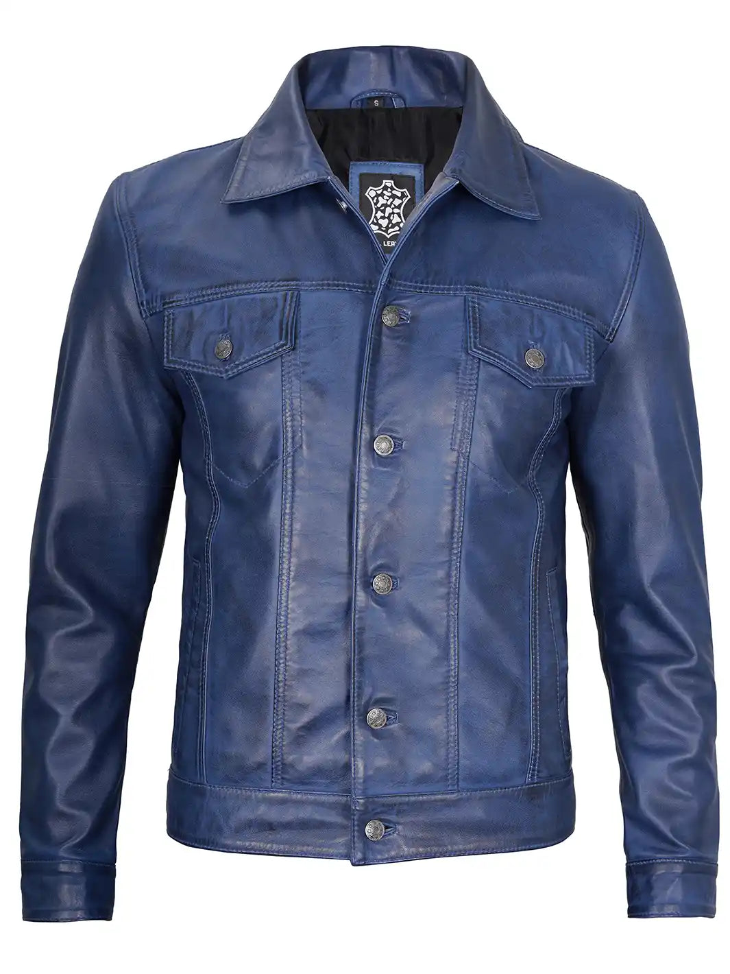 Blouson cuir trucker wax bleu
