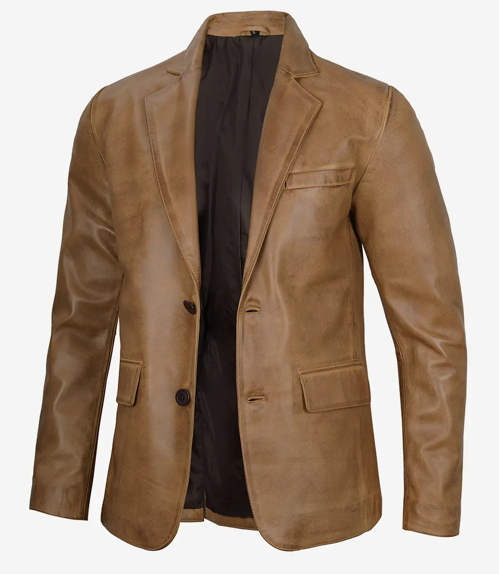 Camel Marron Véritable à deux Boutons En Cuir Blazer