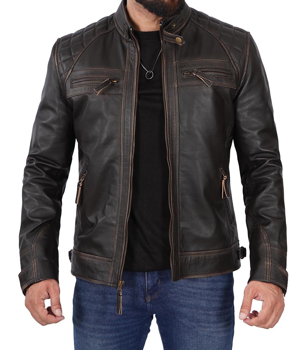 Blouson de moto en cuir marron foncé pour homme