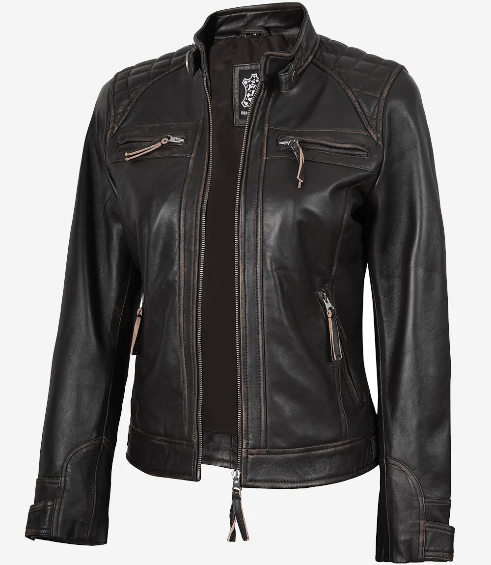 Diamond Women Rub Off Veste En Cuir Marron