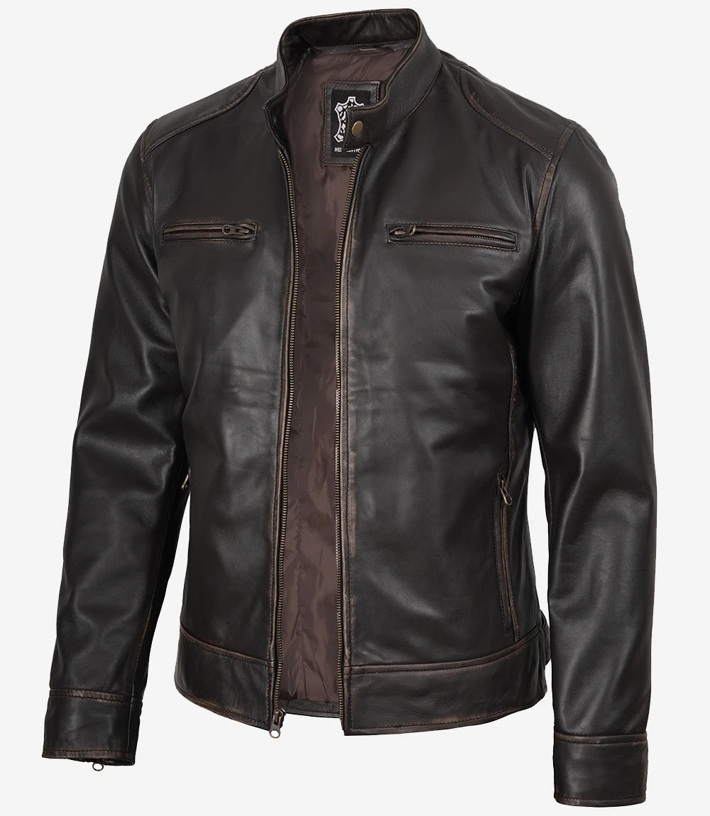 Veste Cafe Racer En Cuir Marron Foncé Pour Homme