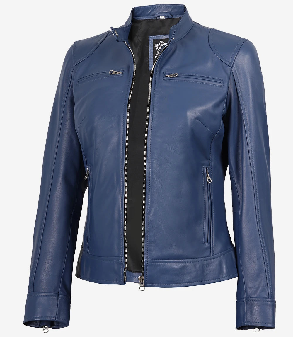 Veste De Moto En Cuir Bleu Cafe Racer Pour Femme