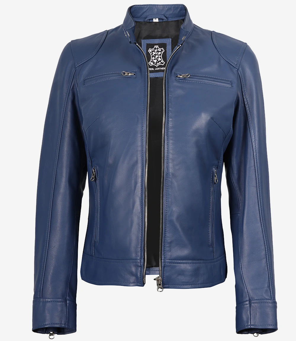 Dodge Veste De Moto En Cuir Bleu Pour Femme