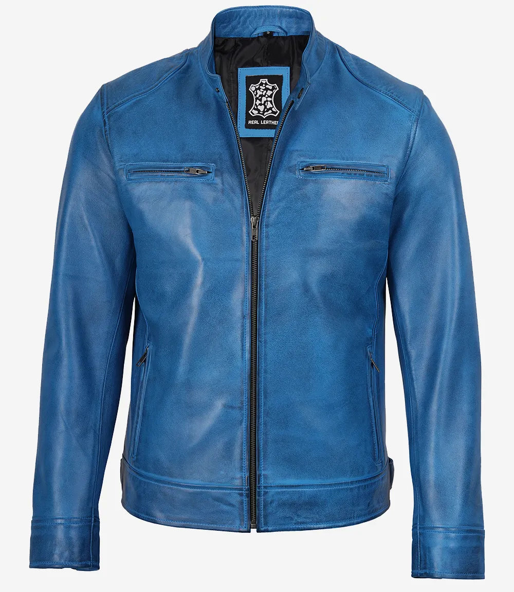 Veste En Cuir Bleu Cafe Racer Pour Hommes
