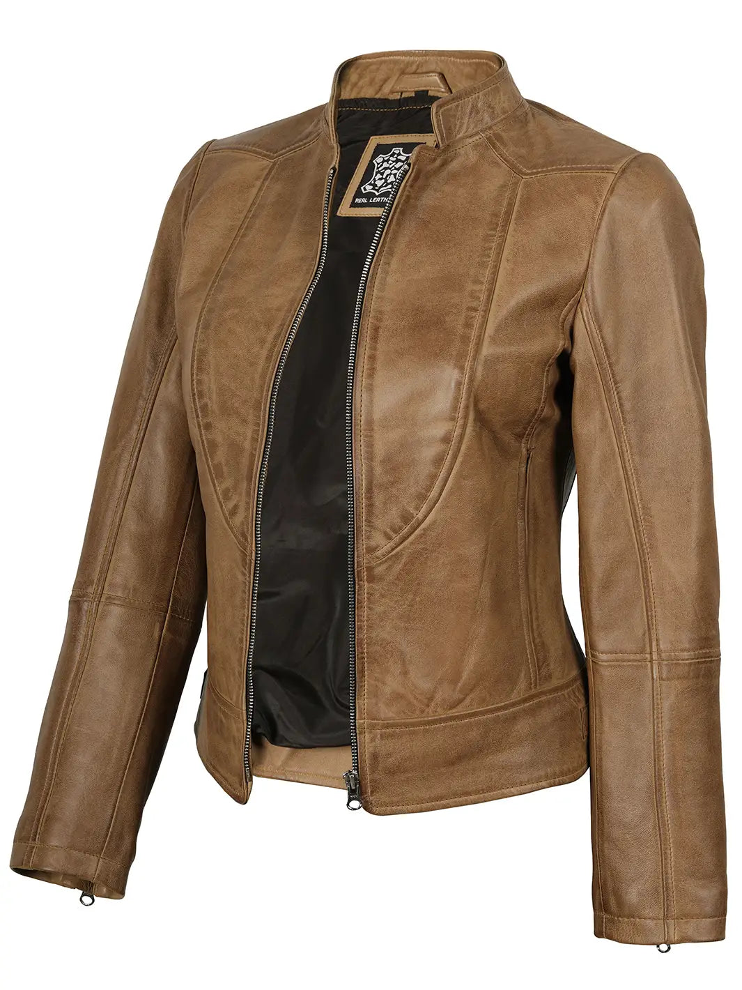 Femme Marron Chameau Veste en Cuir