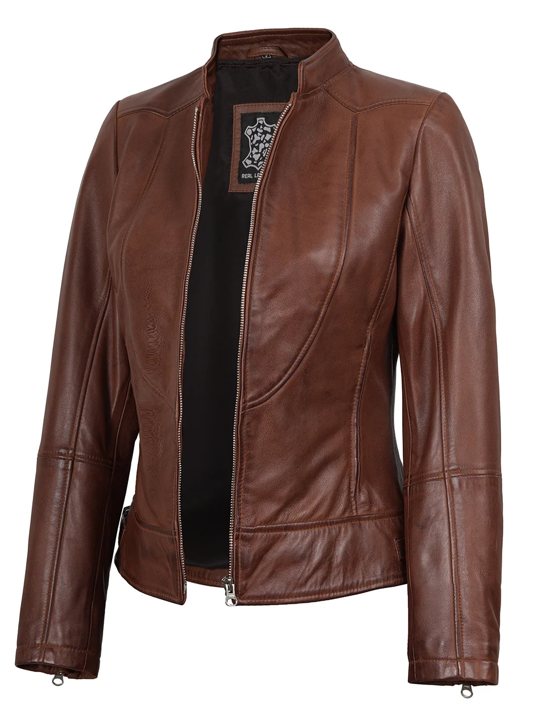 Femme Marron Cognac Veste en Cuir