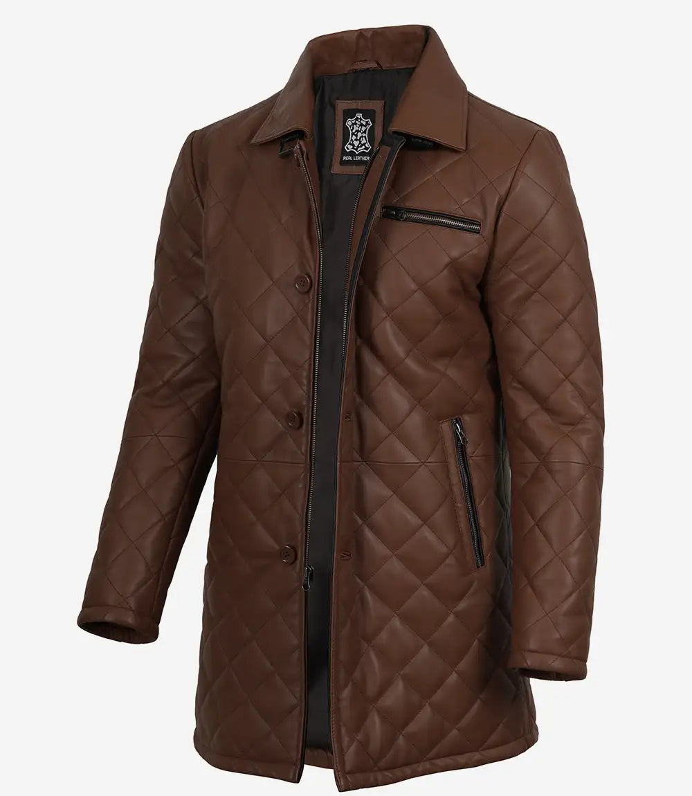 Matelassé Marron Cognac Manteau en Cuir Car-Coat