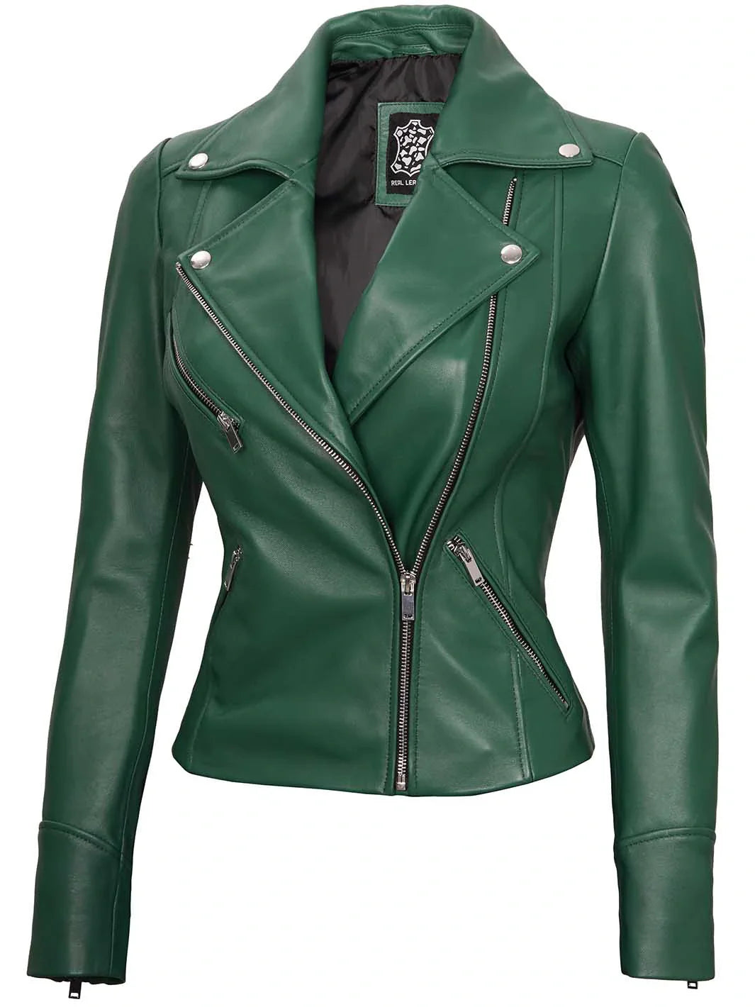 Blouson moto en cuir vert pour femme