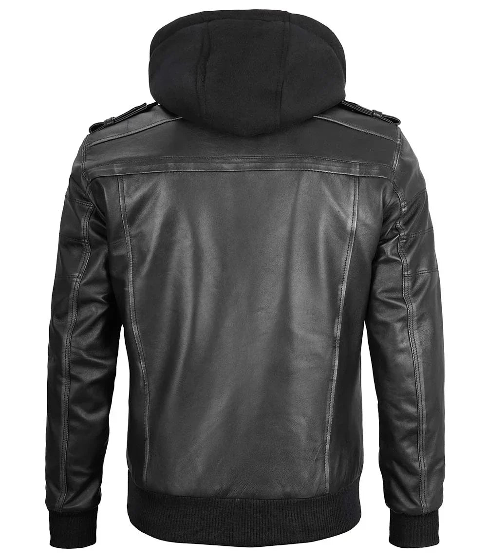 Blouson en cuir gris pour homme avec capuche amovible