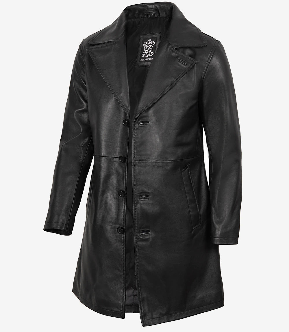 Manteau Mi-Long En Cuir Noir Pour Homme