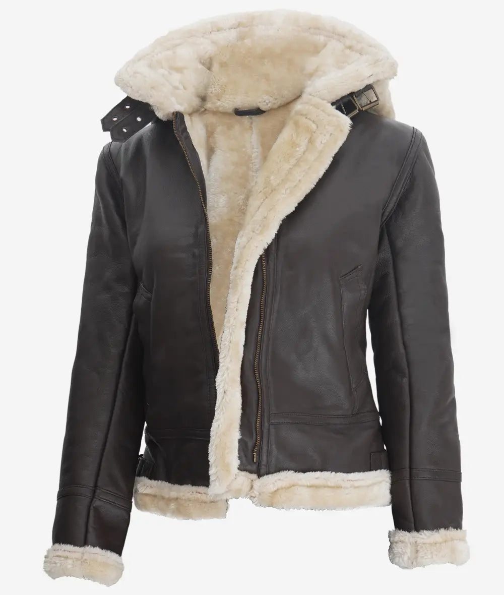 Veste En Cuir Shearling Marron Foncé