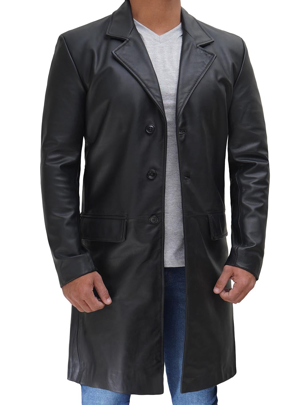 Manteau long en cuir noir