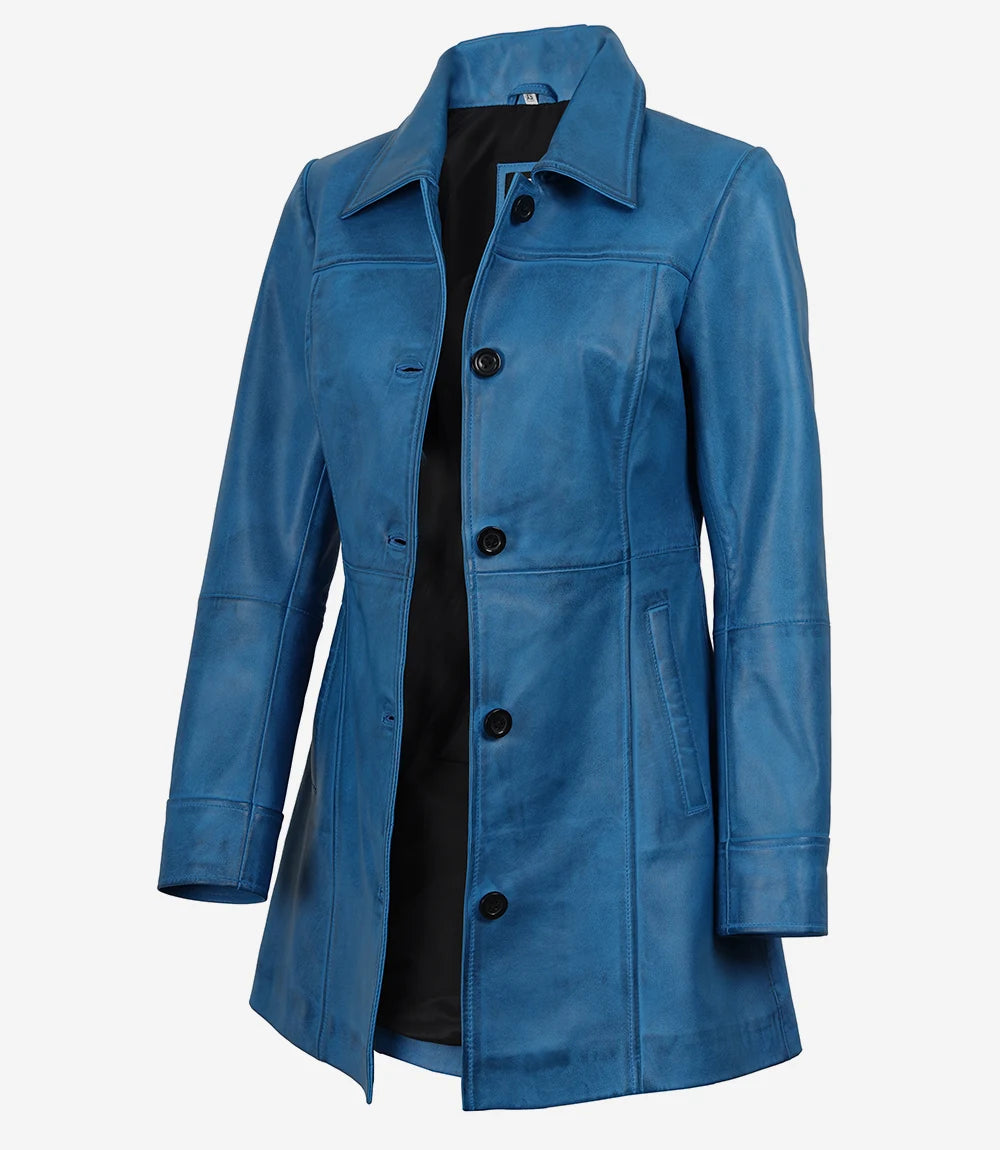 Manteau en Cuir D'agneau Bleu Pour Femme