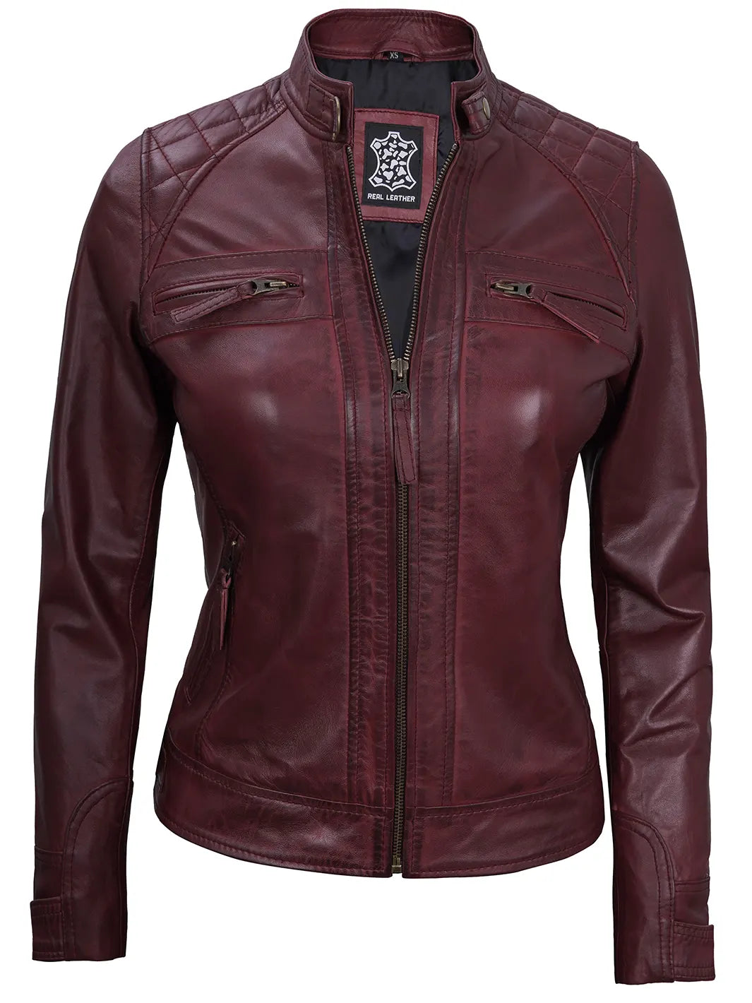 Blouson cuir véritable marron café racer pour femme