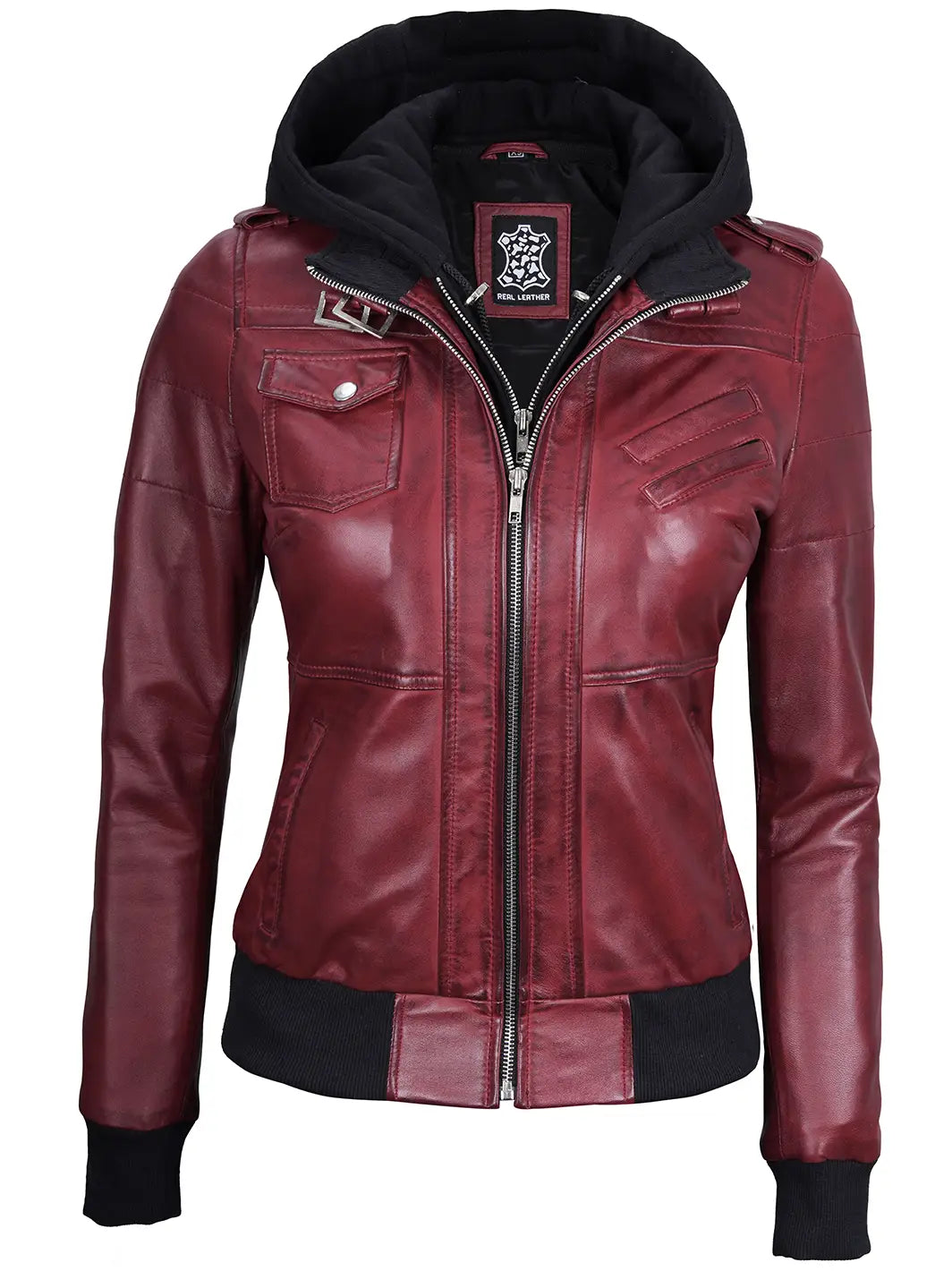 Veste en cuir à capuche marron