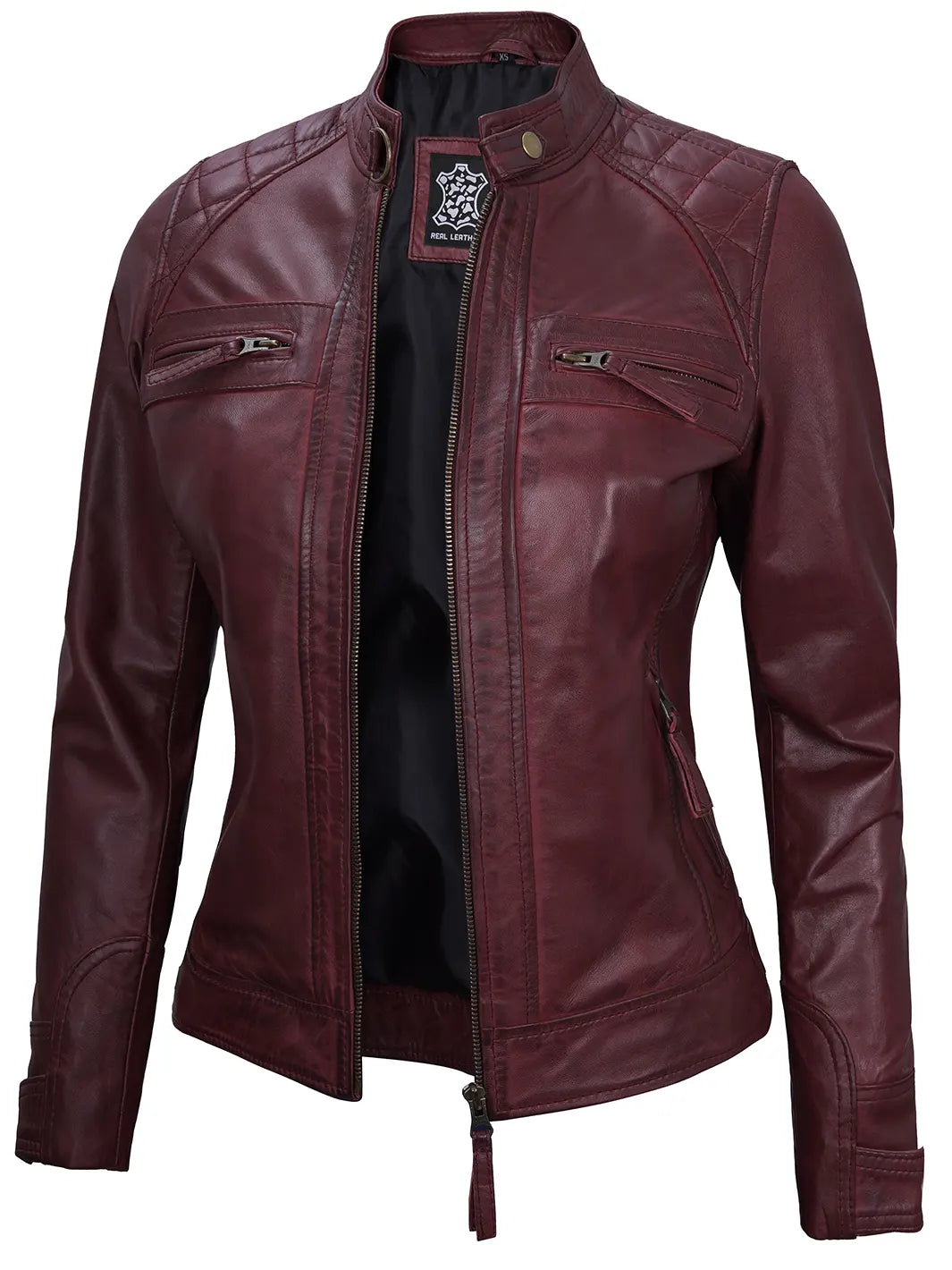 Veste en cuir véritable marron femme