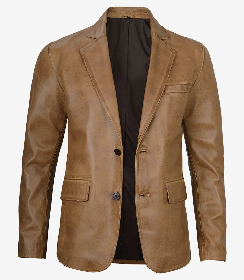 Marron Véritable à deux Boutons En Cuir Blazer
