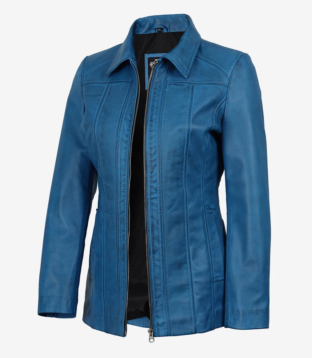 Marsha Manteau 3/4 en Cuir Bleu Pour Femme