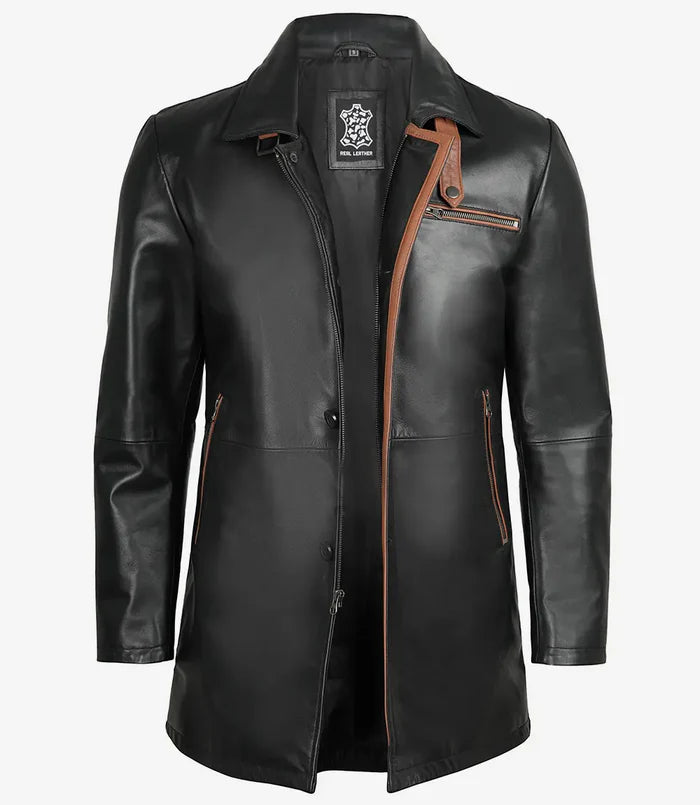 Manteau en cuir véritable noir pour homme Glen