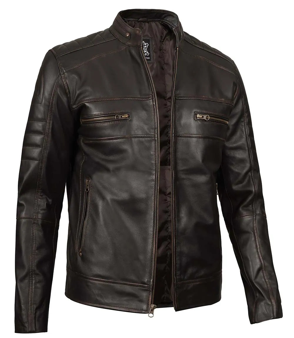 Veste en cuir de motard marron pour hommes