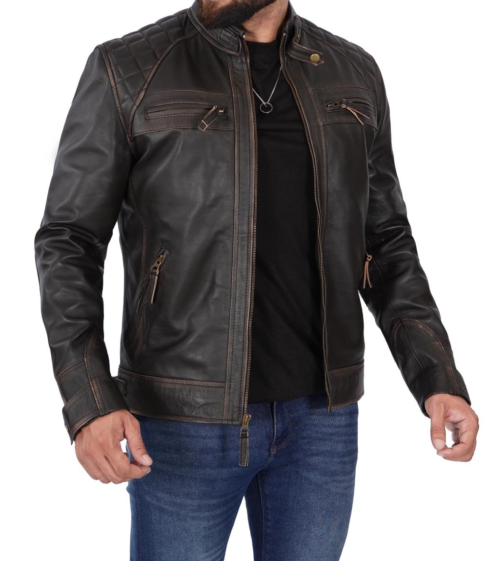 Veste de moto en cuir marron pour hommes