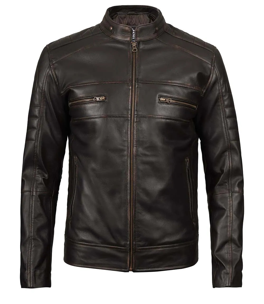 Veste en cuir de motard en peau d'agneau véritable pour homme