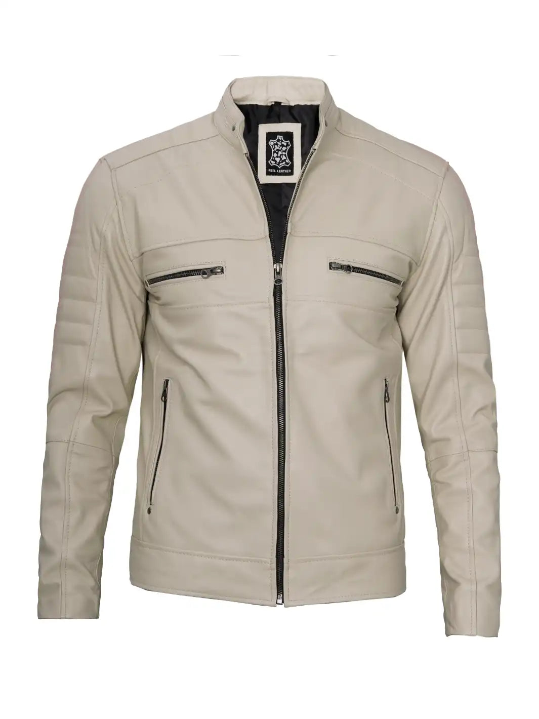 Blouson en cuir café racer beige
