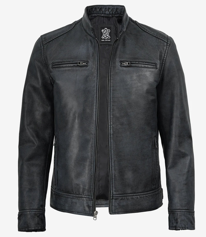Noir Lavé Café Racer Veste en Cuir