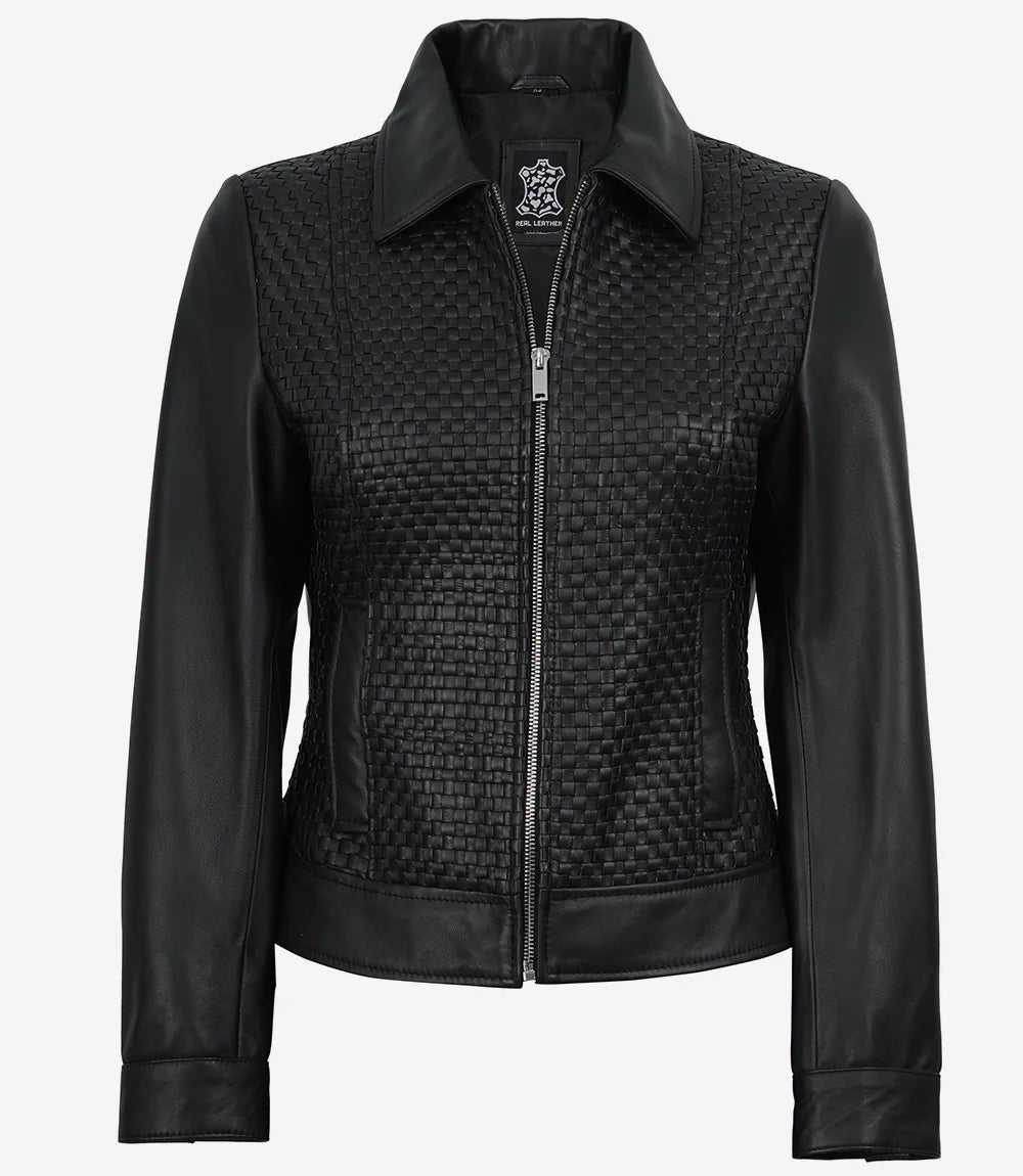 Noir Texturé à Col Chemise Veste En Cuir