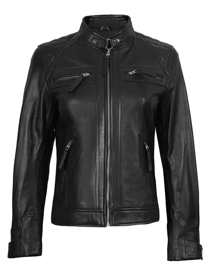veste en cuir noir pour femme