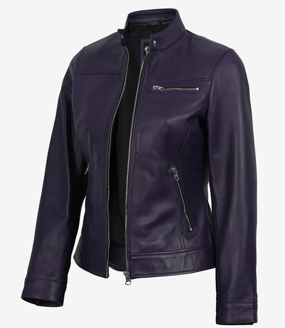 Pour Femme Café Racer Violet Ciré Blouson En Cuir
