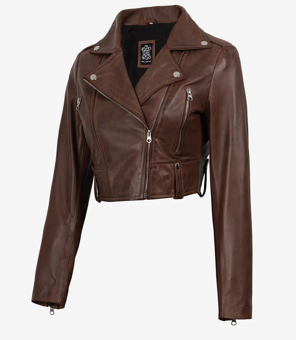 Pour Femme Courte Moto Cognac Ciré Veste En Cuir