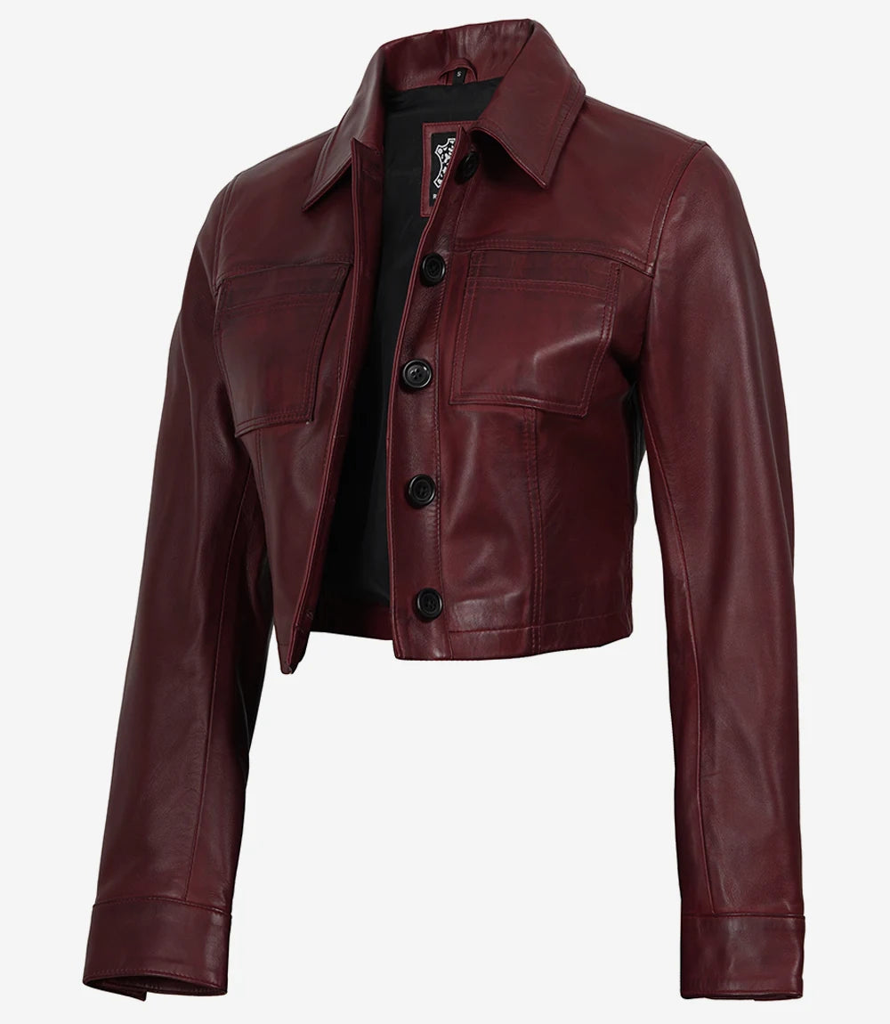 Pour Femme Harrington Courte Ciré Bordeaux Veste En Cuir