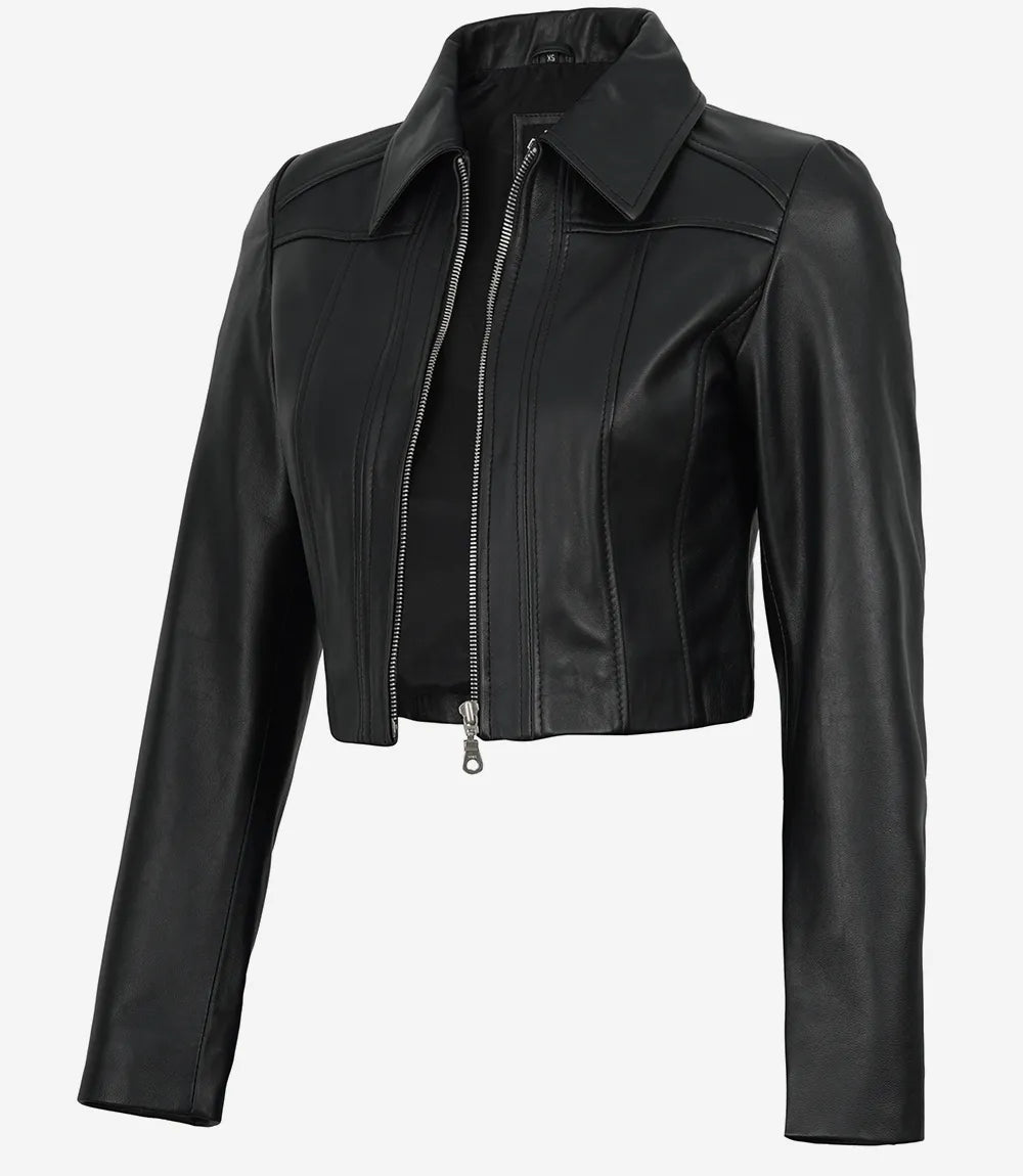 Pour Femme Noir Harrington Courte Veste En Cuir