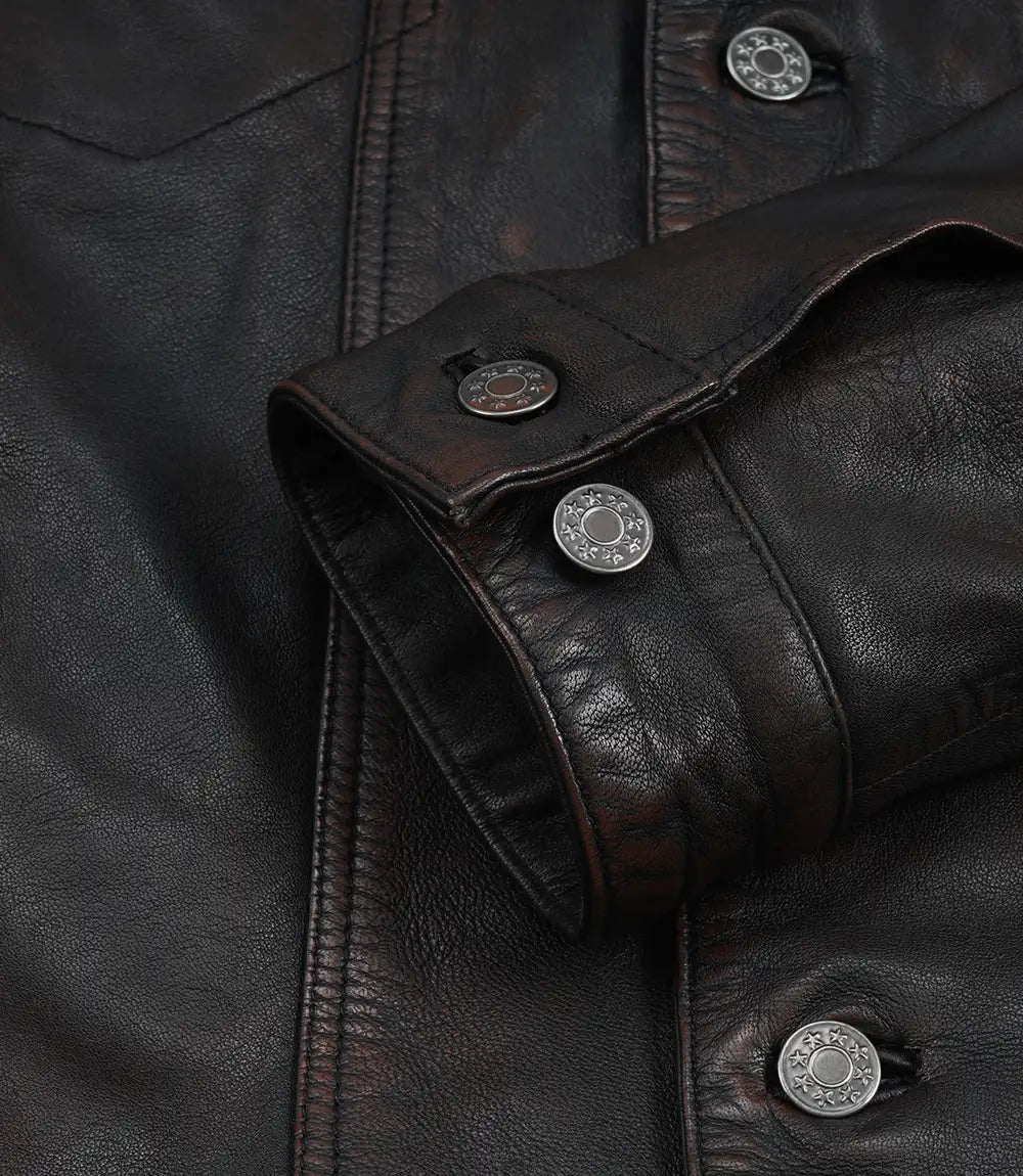 Homme Vieilli Bordeaux Noir Délavé Trucker Veste En Cuir