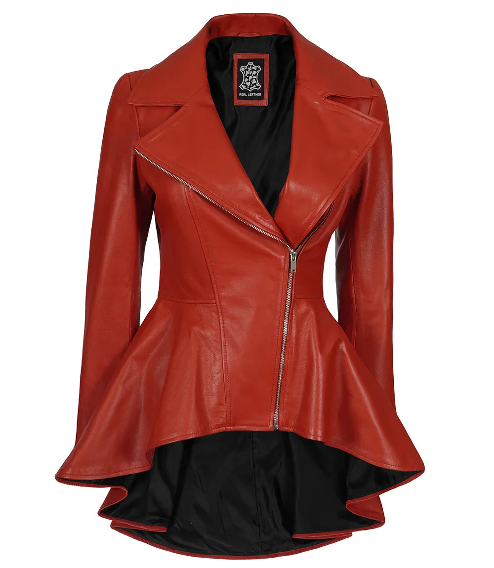 Veste en cuir asymétrique rouge pour femme