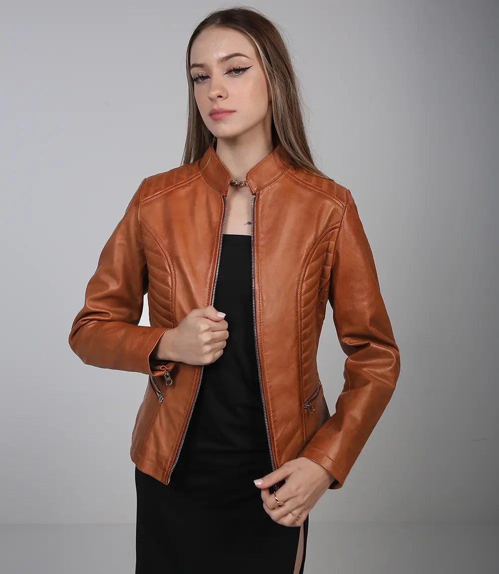 Veste café racer beige pour femme en cuir véritable