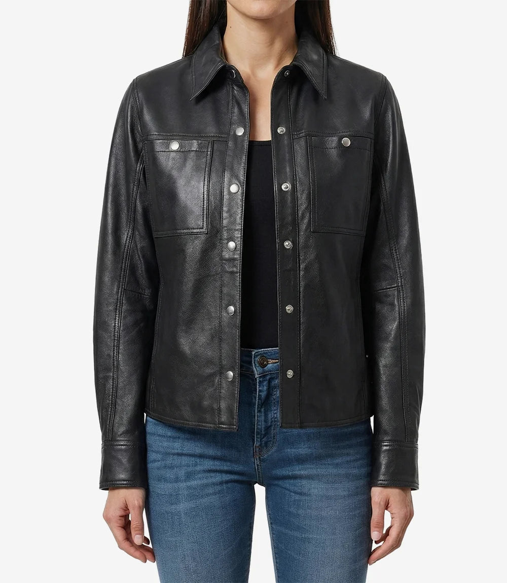 Veste Minimaliste en Cuir D'agneau Noir Pour Femme à Boutons-Pression