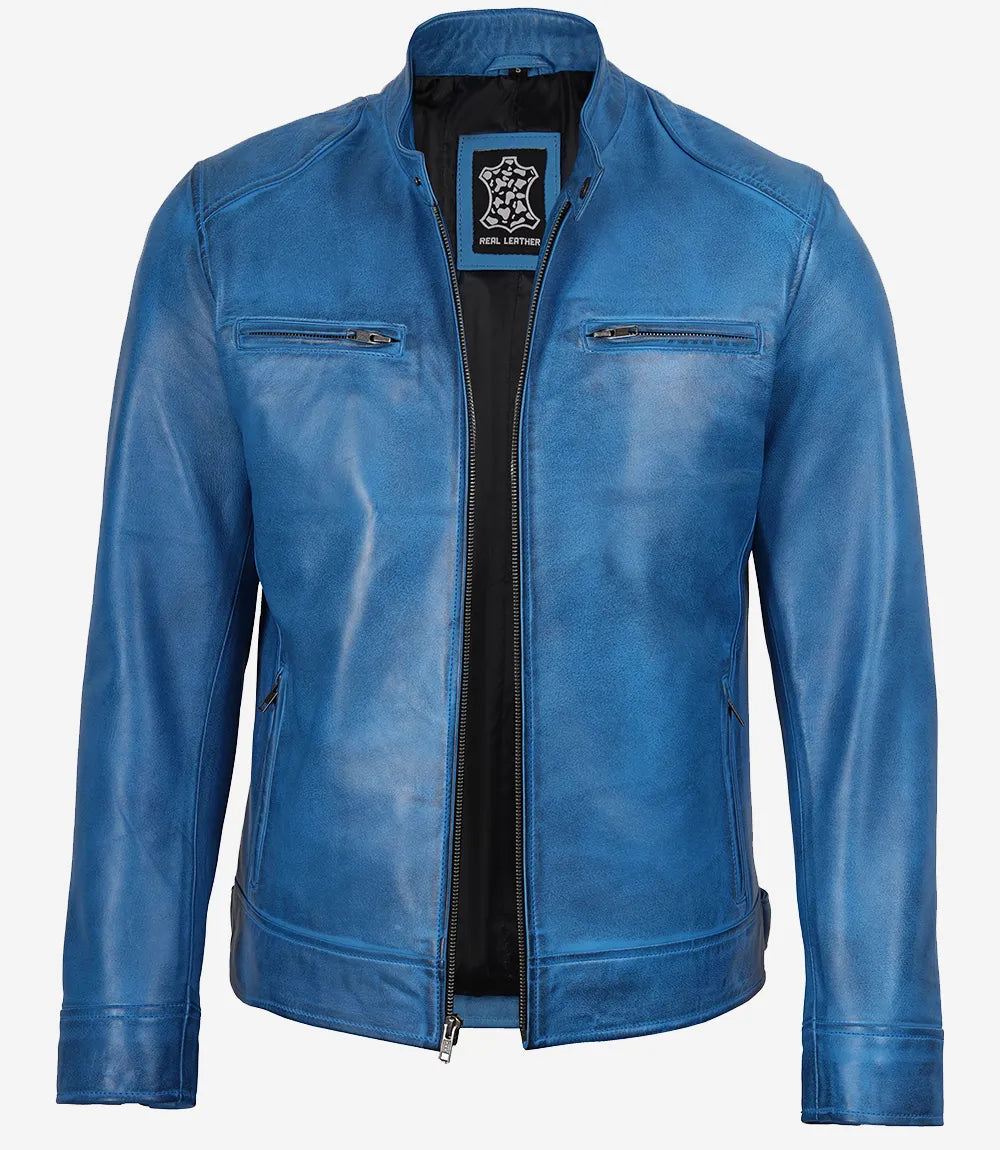 Veste En Cuir Bleu Cafe Racer Pour Homme