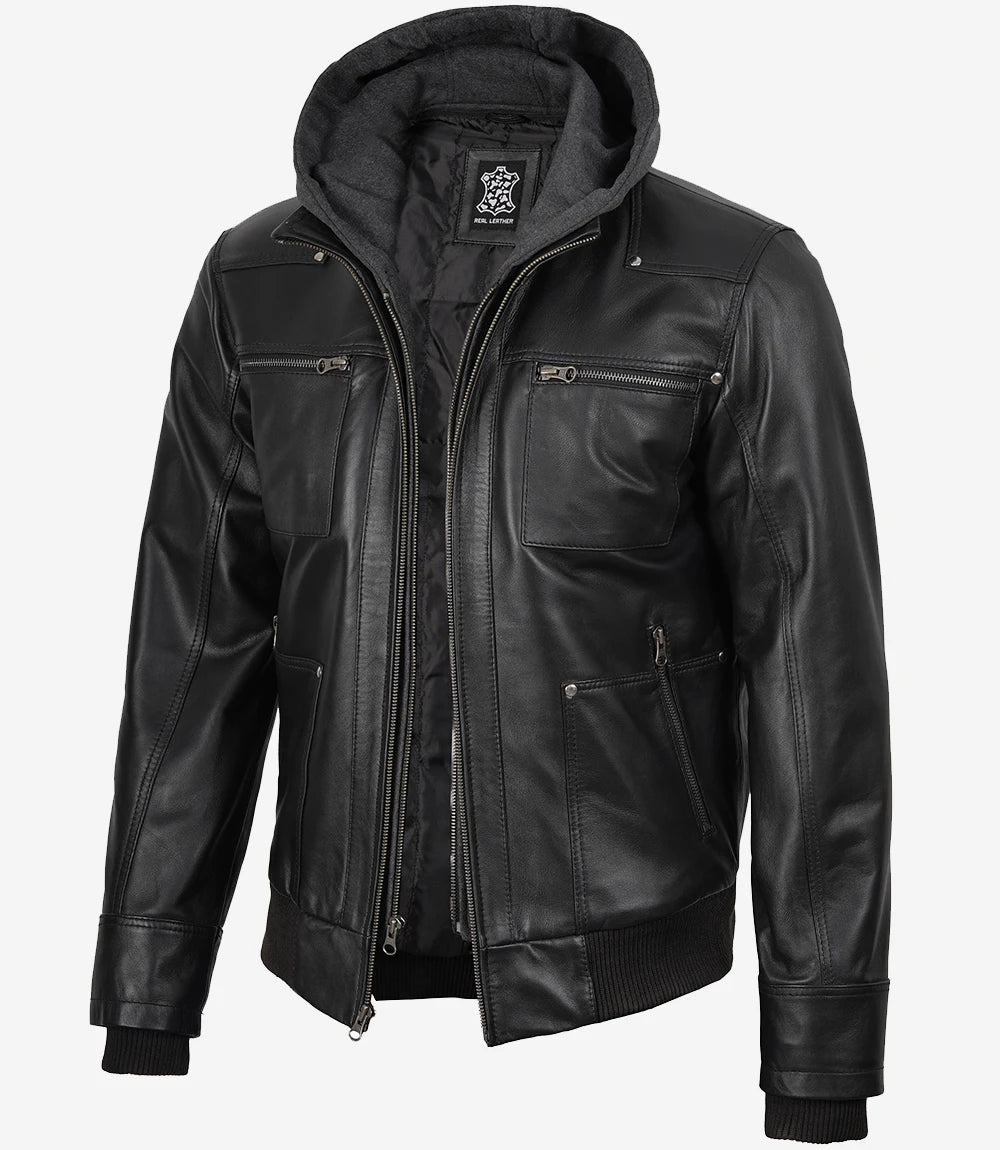 Veste En Cuir Bomber Noir Pour Homme Avec Capuche Amovible
