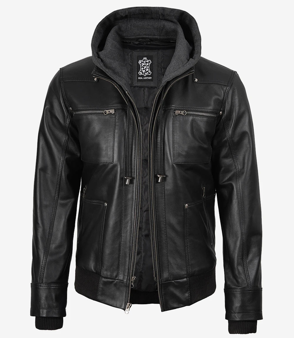 Veste En Cuir Bomber Homme Avec Capuche Amovible
