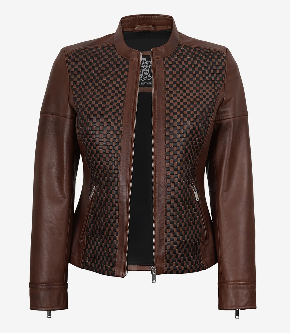 Veste de motard en cuir texturé marron Maude